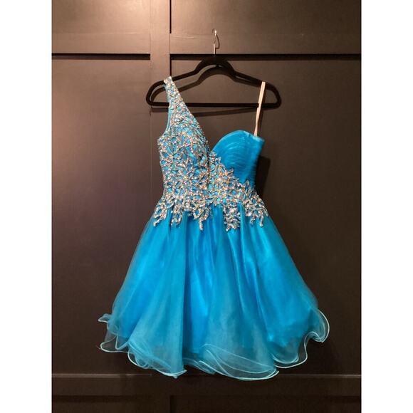 Sherri Hill Short Turquoise One Shoulder Prom glam Homecoming Balloon Dress 4 - Picture 2 of 11